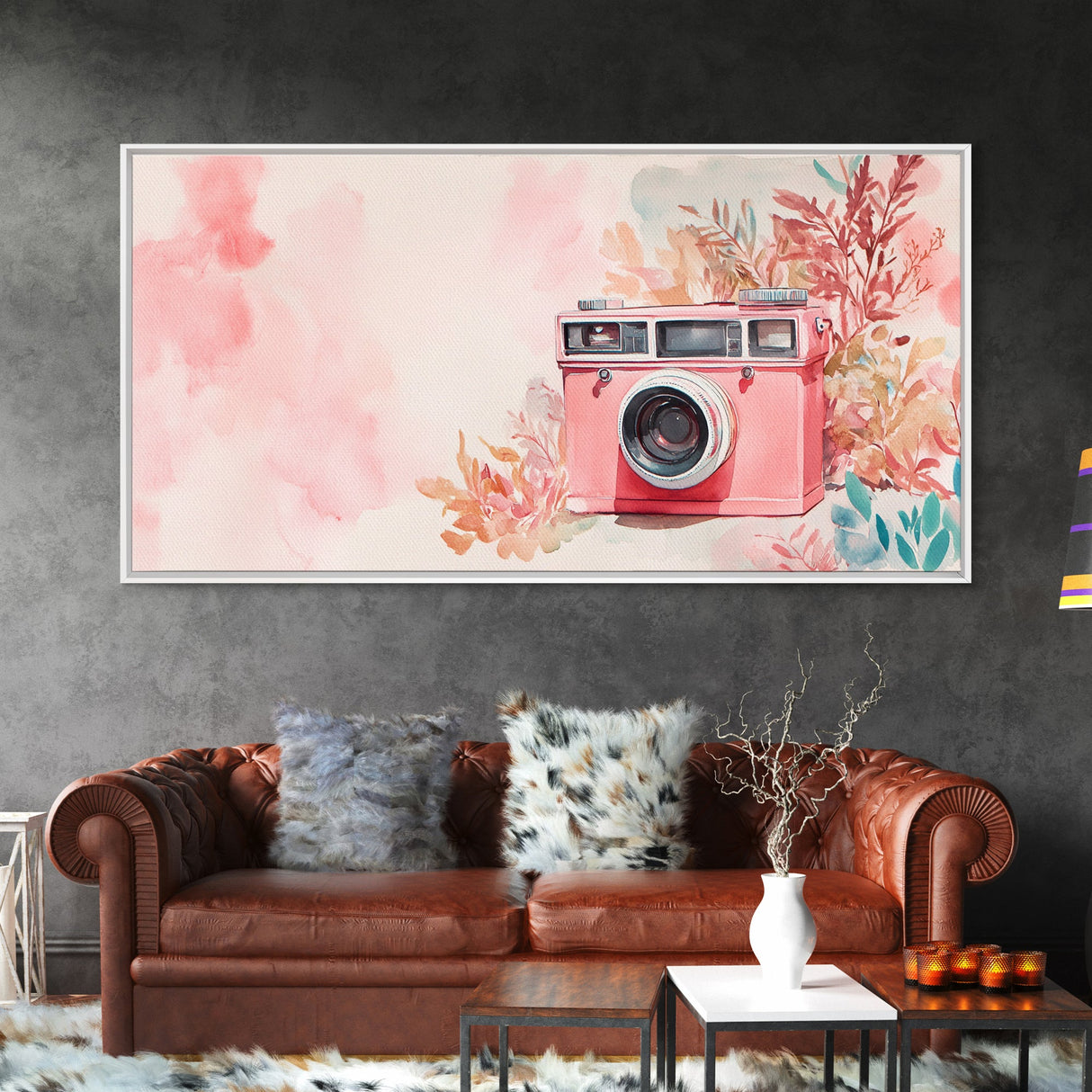 Vintage Camera Painting Framed Canvas Print Pink Wall Art Whimsical Art Living Room Art Light Pink Wall Art Unique Gift Idea