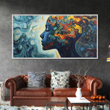 Abstract Woman Mind Framed Canvas Print - Artistic Brain Art Therapy Decor - Blue and Green Geometric Wall Art Minimalist Style