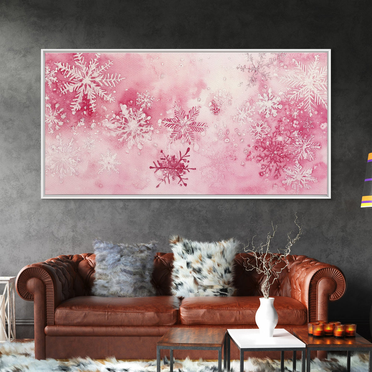 Winter Snowflake Motif with Pink Christmas Wall Art Aesthetic on Framed Canvas Print, Holiday Living Room or Bedroom Decor