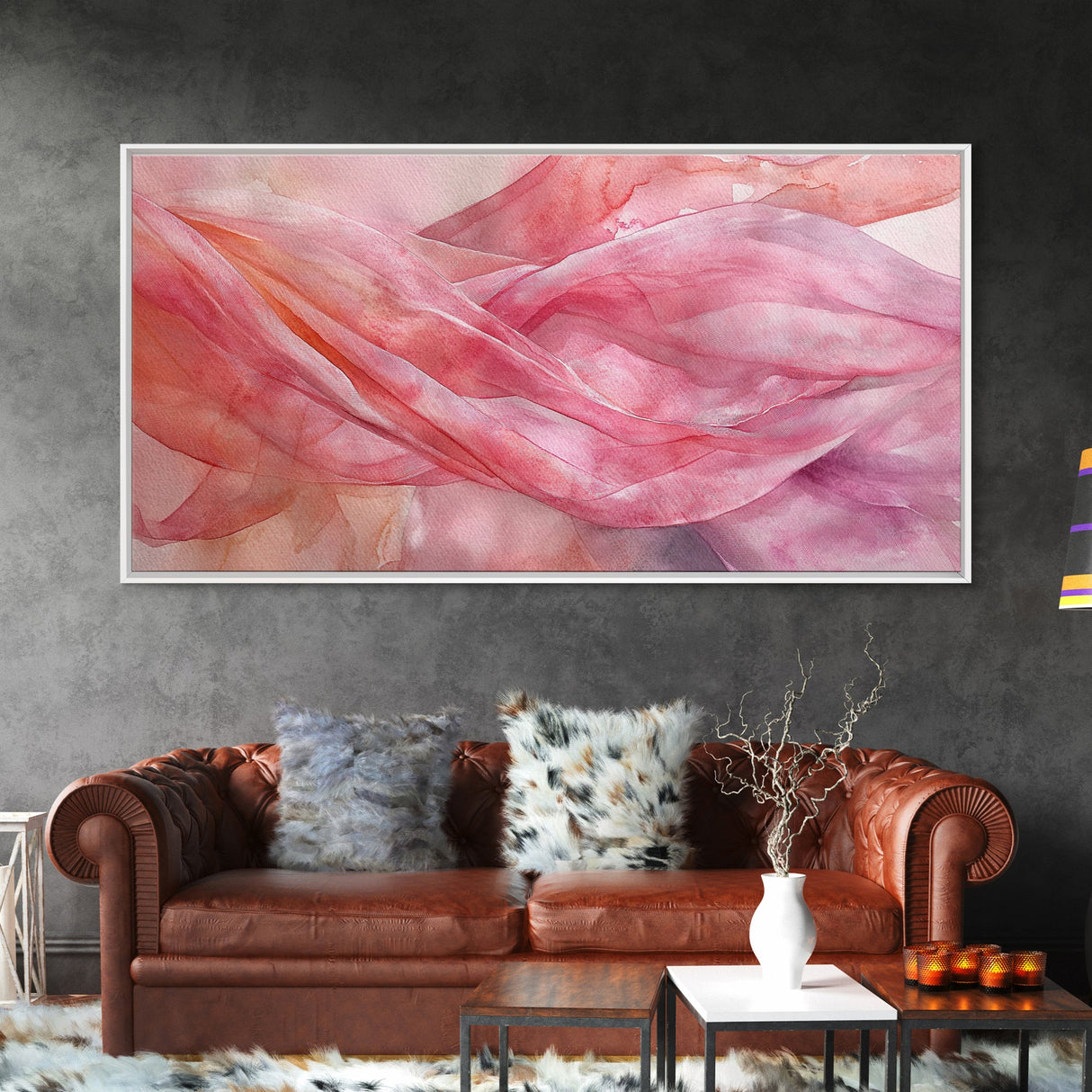 Sheer Pink Fabric Abstract Painting as Light Pink Wall Art Aesthetic on Framed Canvas Print, Modern Bedroom or Living Room Accent