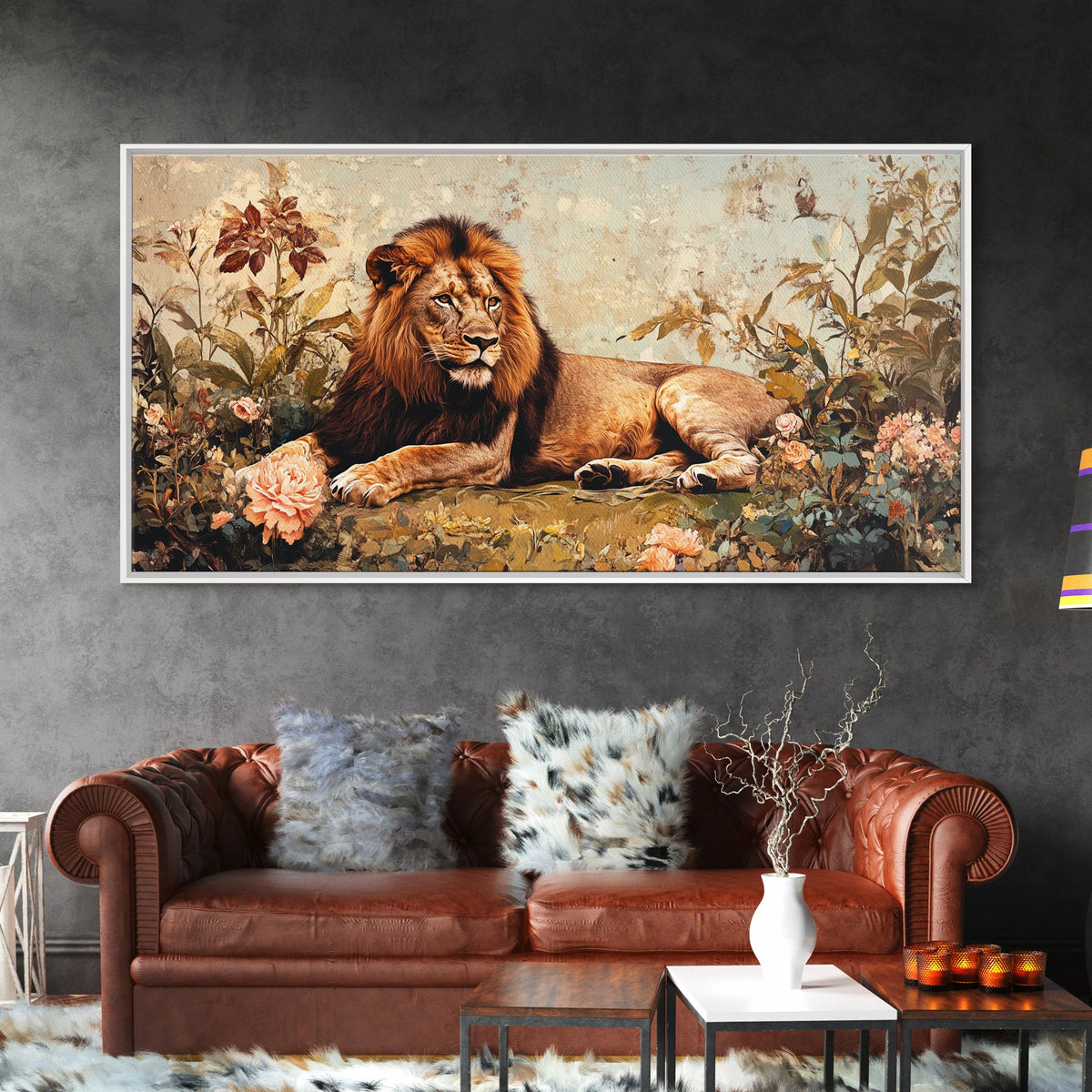 Regal Lion in Wildflowers Framed Canvas Print, Safari Wildlife Painting, African Rustic Wall Art, Boho Nature Decor, Animal Kingdom Art