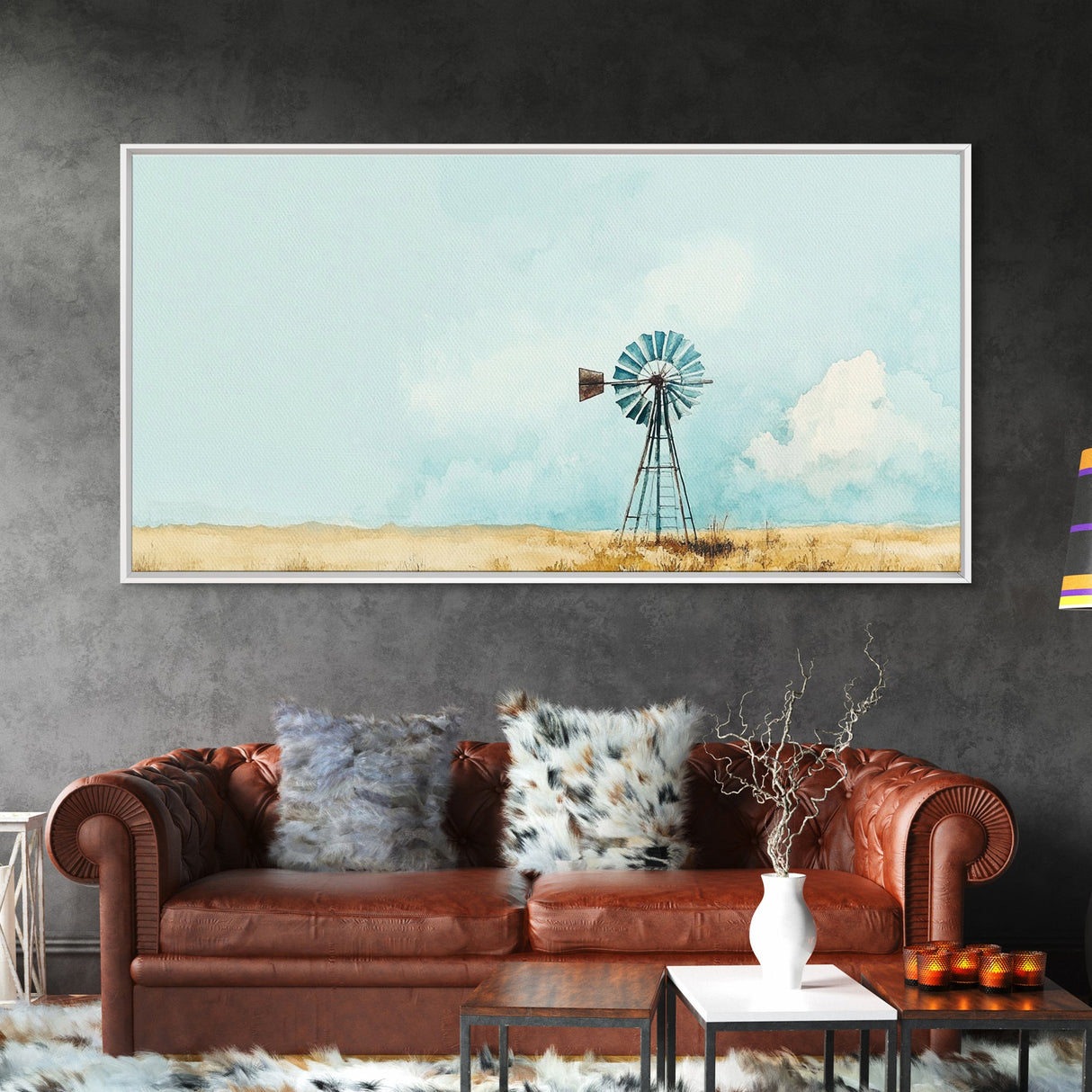 Minimalist Windmill Landscape Framed Canvas Print Above Couch Rustic Wall Art Coastal Inspired Bedroom Decor Horizontal Wall Art Idea