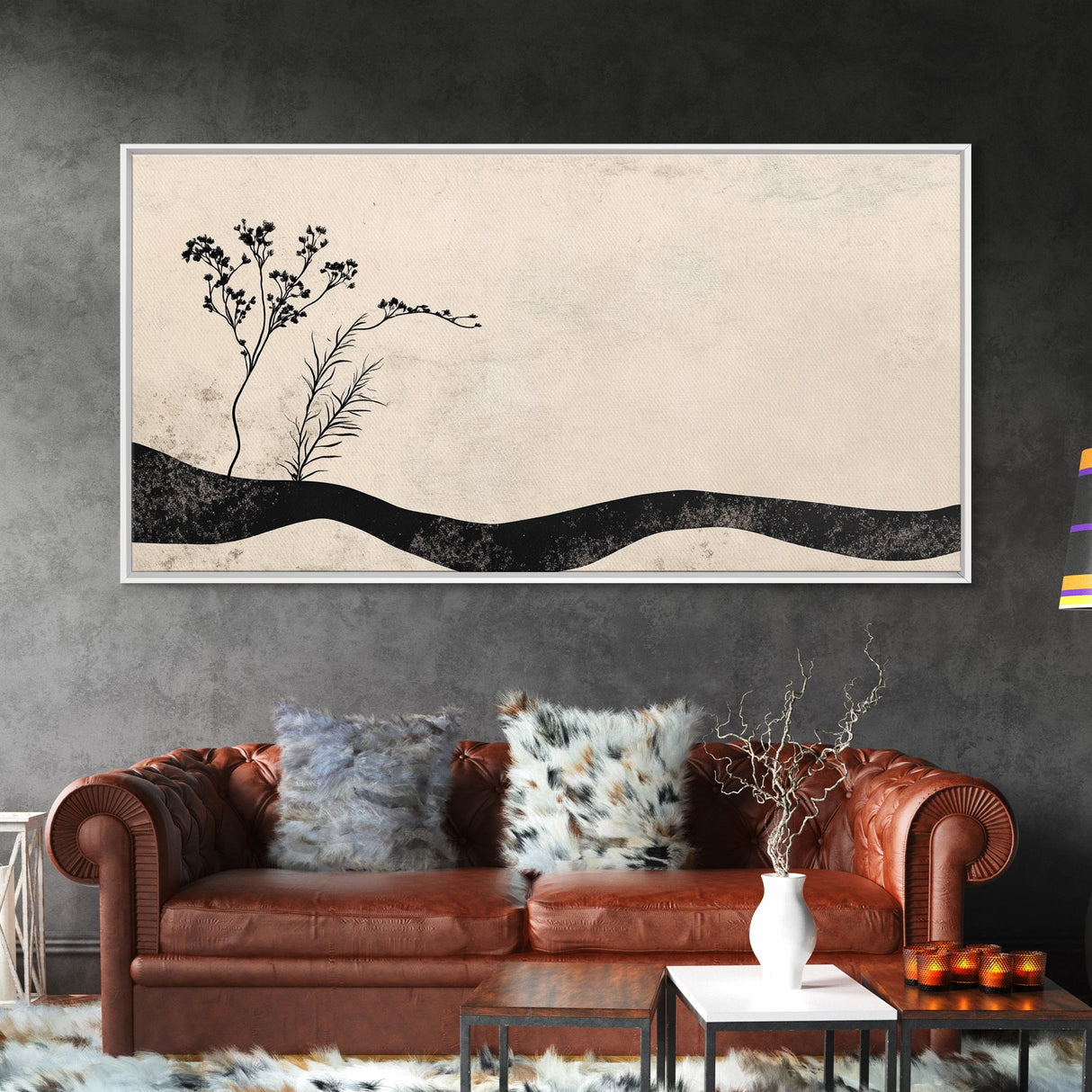 Minimalist Nature Framed Canvas Print, Wabi Sabi Wall Art Above Sofa Decor, Rustic Botanical Artwork Idea Horizontal Bedroom Decor