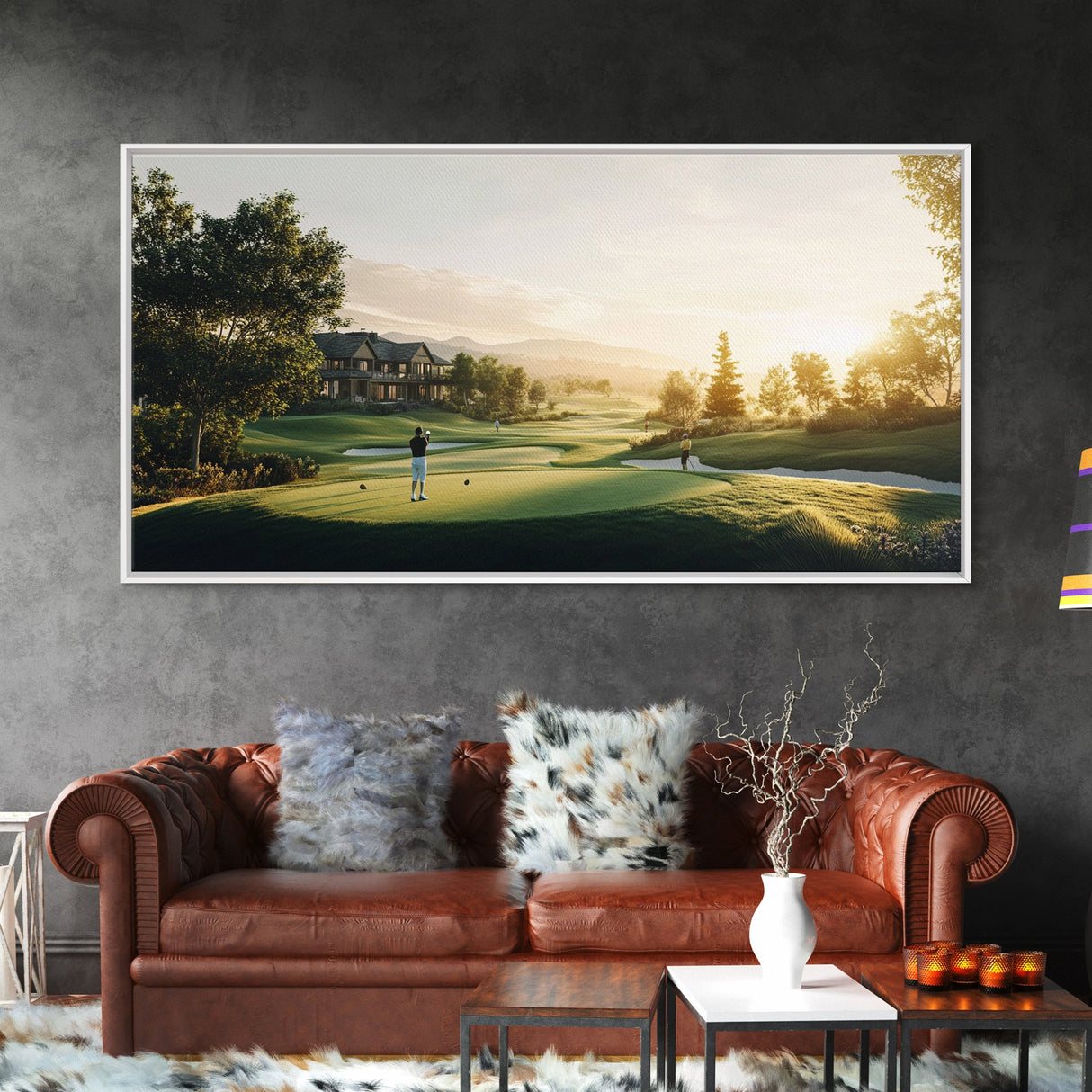 Golf Course Sunset Canvas Print Panoramic Landscape Art Rustic Decor Above Bed Artwork Gift Idea Extra Wide Horizontal Wall Art