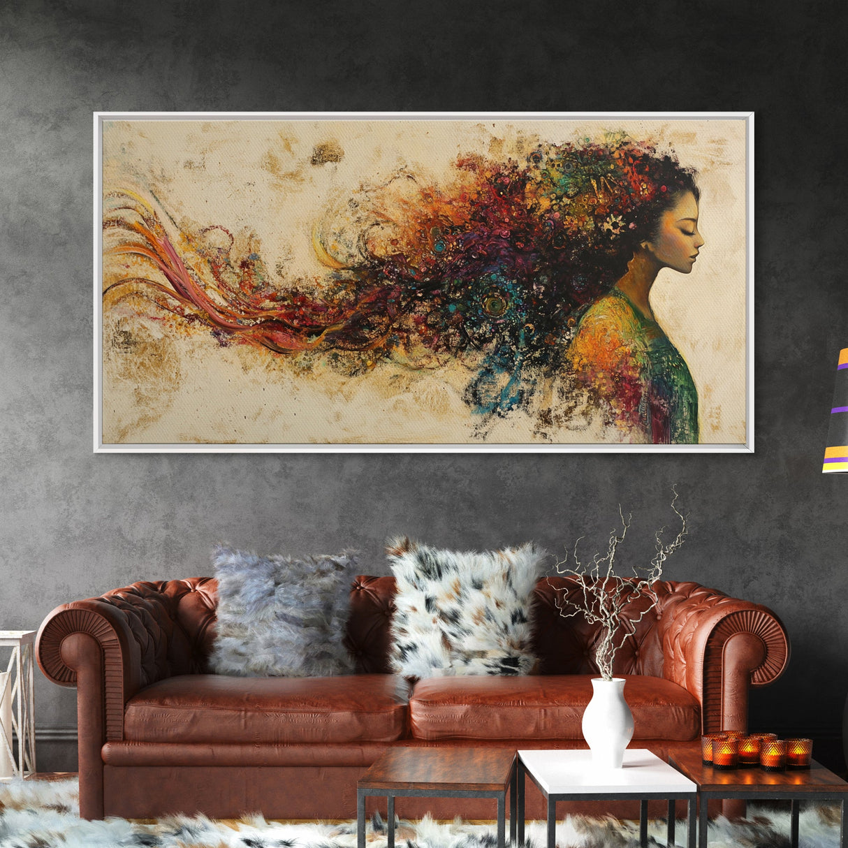 Vibrant Female Silhouette Framed Canvas Print, Whimsical Art, Afrocentric Wall Art, Angel Art Prints, Bedroom Art, Chinoiserie Wall Art