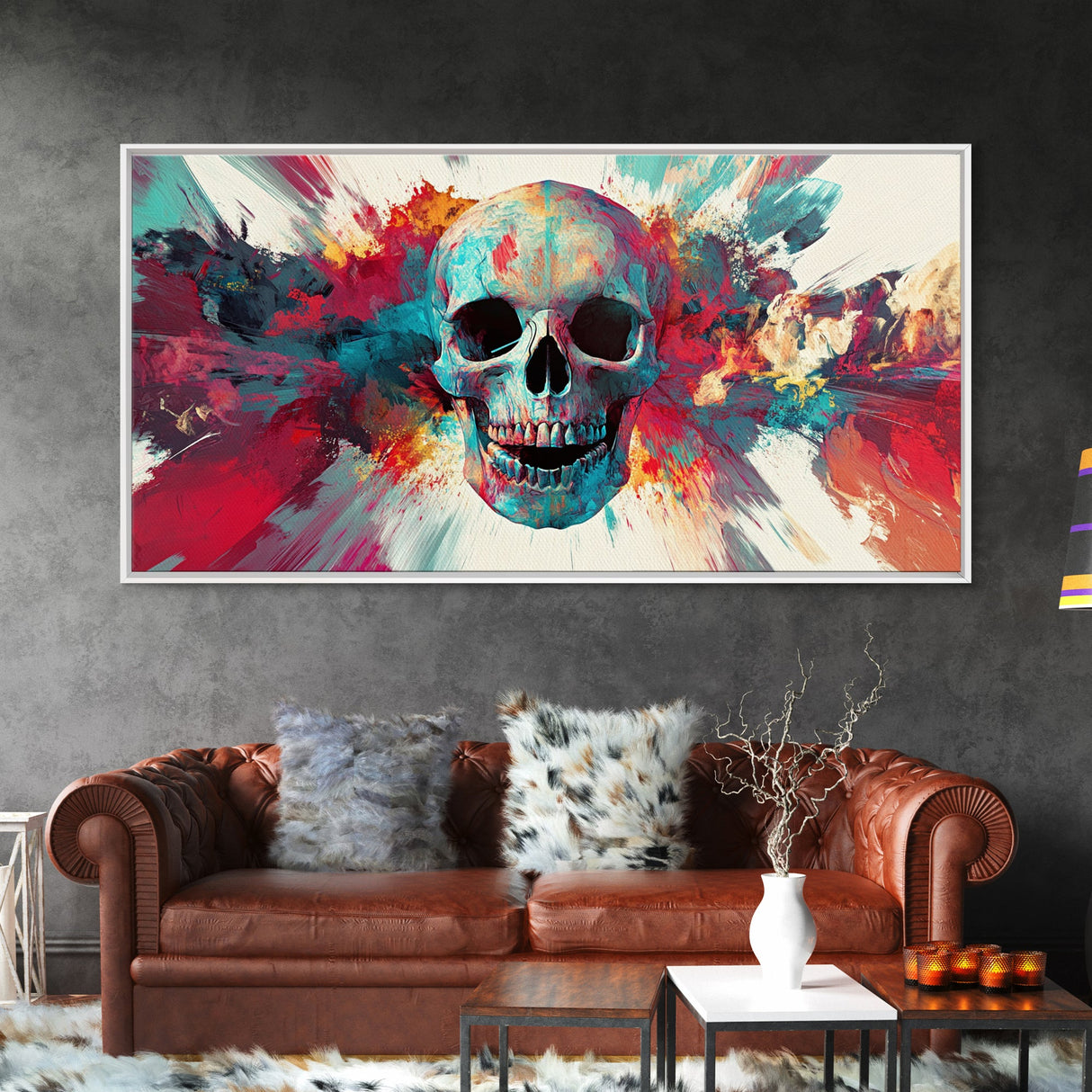 Abstract Skull Art Framed Canvas Print, Moody Colorful Halloween Wall Decor, Unique Living Room Art, Vibrant Therapy Art Gift Idea