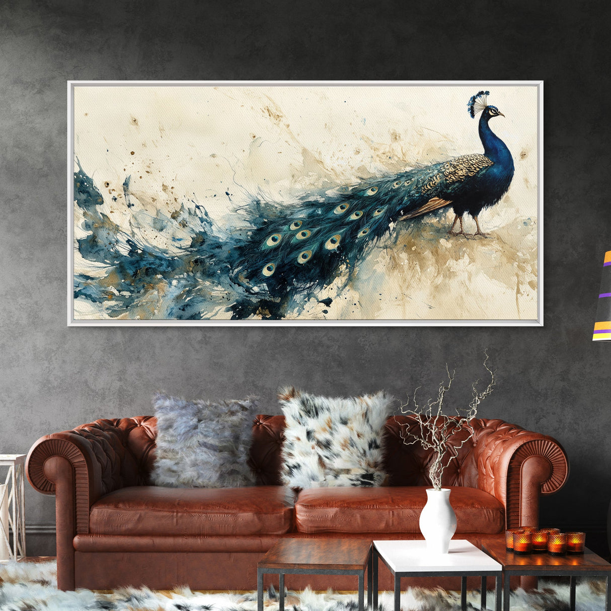 Stunning Peacock Art Framed Canvas Print, Bold Wildlife Wall Decor, Moody Nature Painting, Bedroom Above Sofa Art Gift Idea