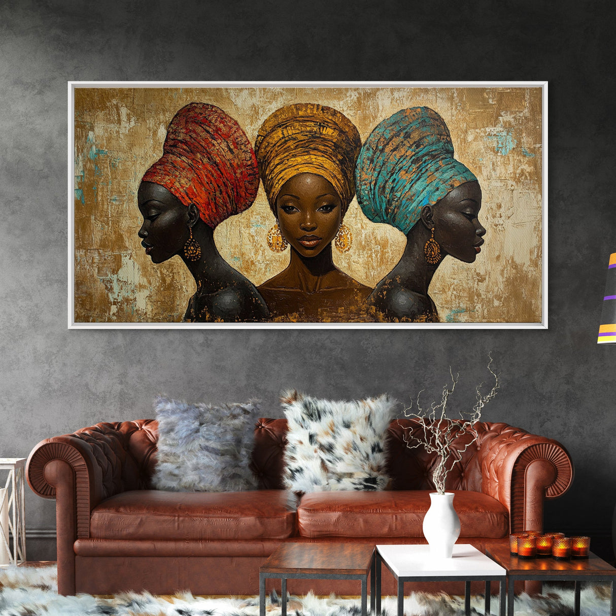 Elegant African Women Canvas Print, Bold Afrocentric Wall Art Decor, Moody Abstract Painting, Unique Bedroom Art Gift Idea
