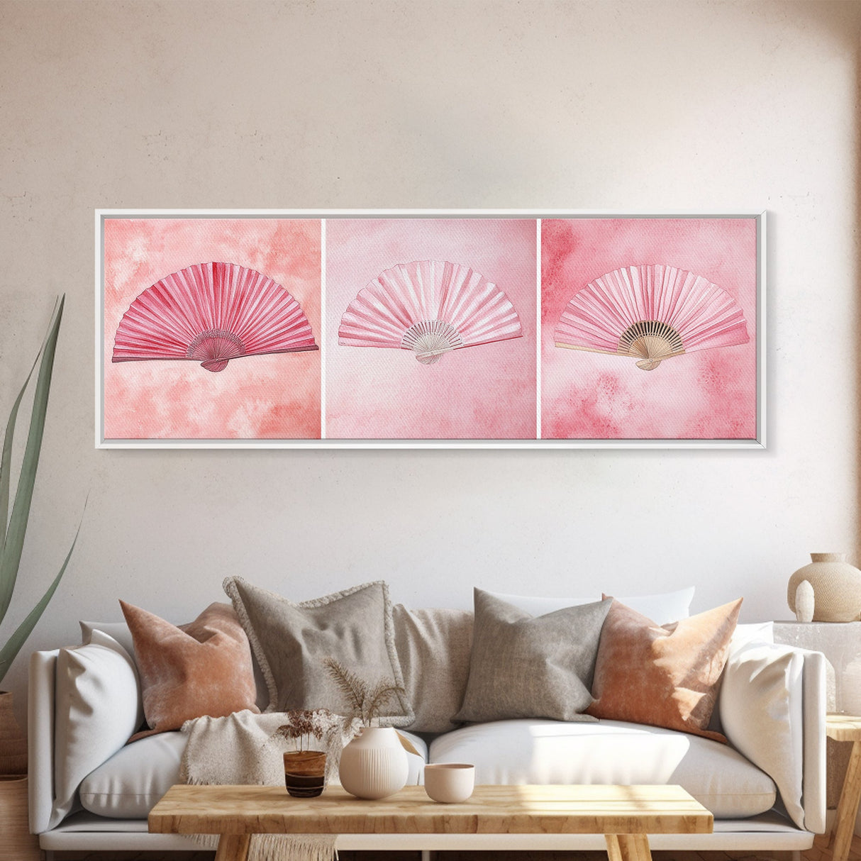 Trio of Elegant Fans Canvas Print, Minimalist Boho Pink Artwork, Oriental Fan Wall Art for Bedroom, Light Pastel Wall Decor Idea
