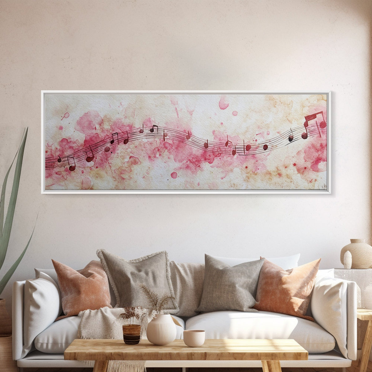 Pink Musical Notes Canvas Print, Rustic Abstract Artwork for Living Room, Nostalgic Art Nouveau Style, Horizontal Wall Art Decor