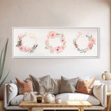 Wildflower Wreath Painting Framed Canvas Print in Pastel Pink and Green, Vertical Rustic Farmhouse Artwork, Botanical Gift Idea