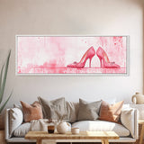 Light Pink Wall Art Framed Canvas Print Featuring Elegant High Heels, Feminine Bedroom Decor, Fashion Artwork Above Bed Idea