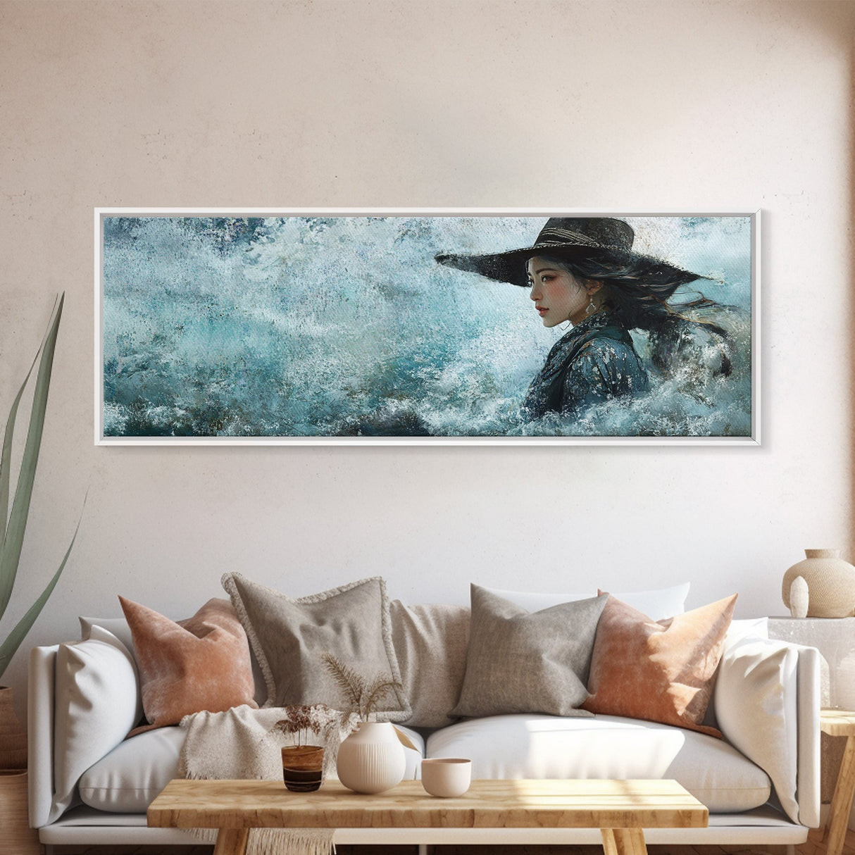 Ocean Cowgirl Canvas Print Coastal Landscape Art Rustic Boho Wall Art Nautical Decor Panoramic Artwork Bedroom Guest Room Decor