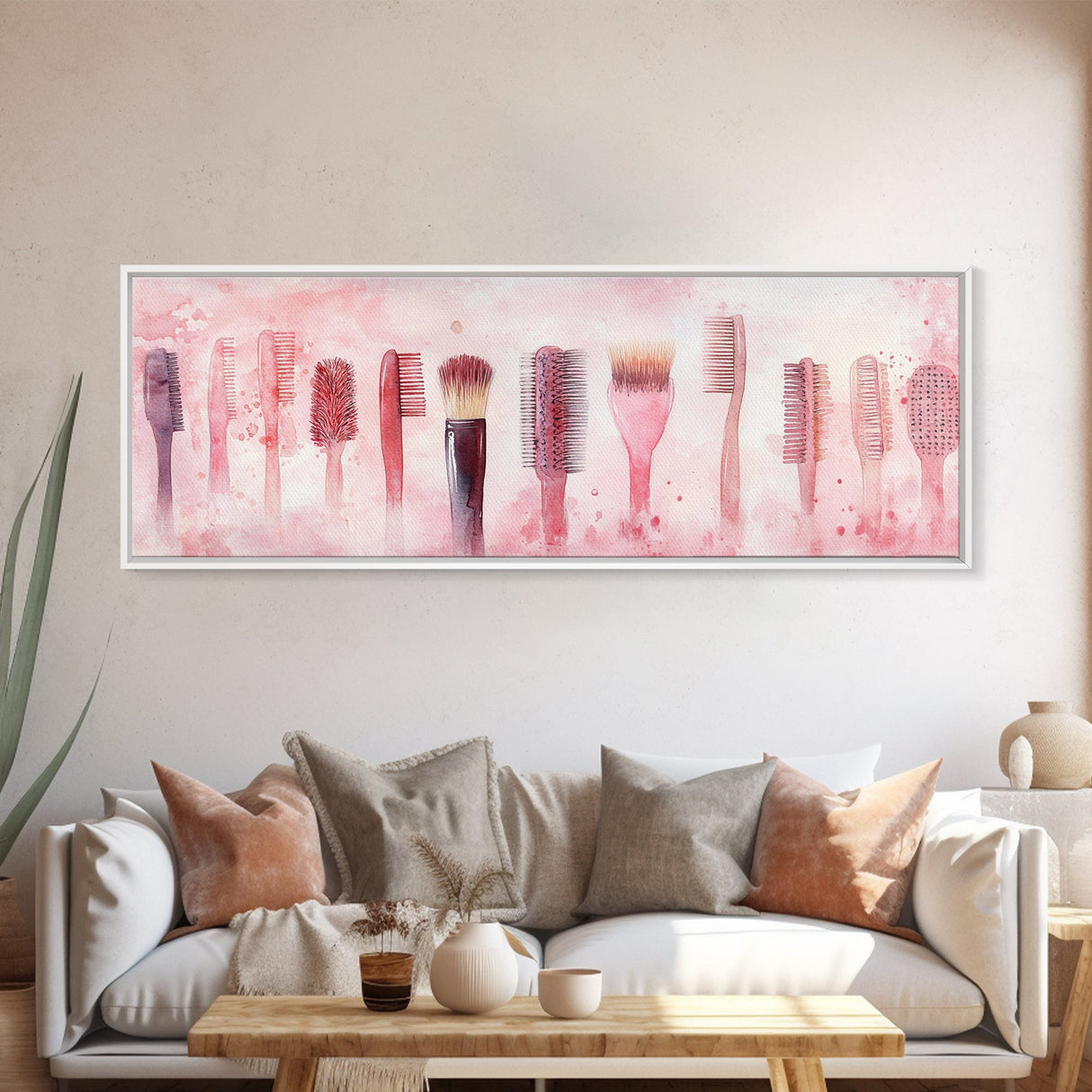 Light Pink Combs and Brushes Wall Art, Framed Canvas Print, Feminine Whimsical Art, Makeup Room Wall Art, Girly Room Decor