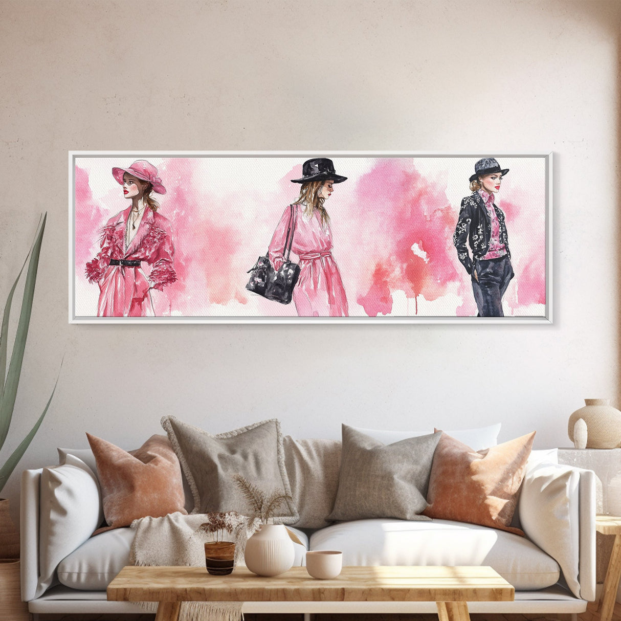 Fashion Illustration Wall Art, Framed Canvas Print, Light Pink and Black Modern Style, Above Sofa Artwork, Whimsical Statement Piece