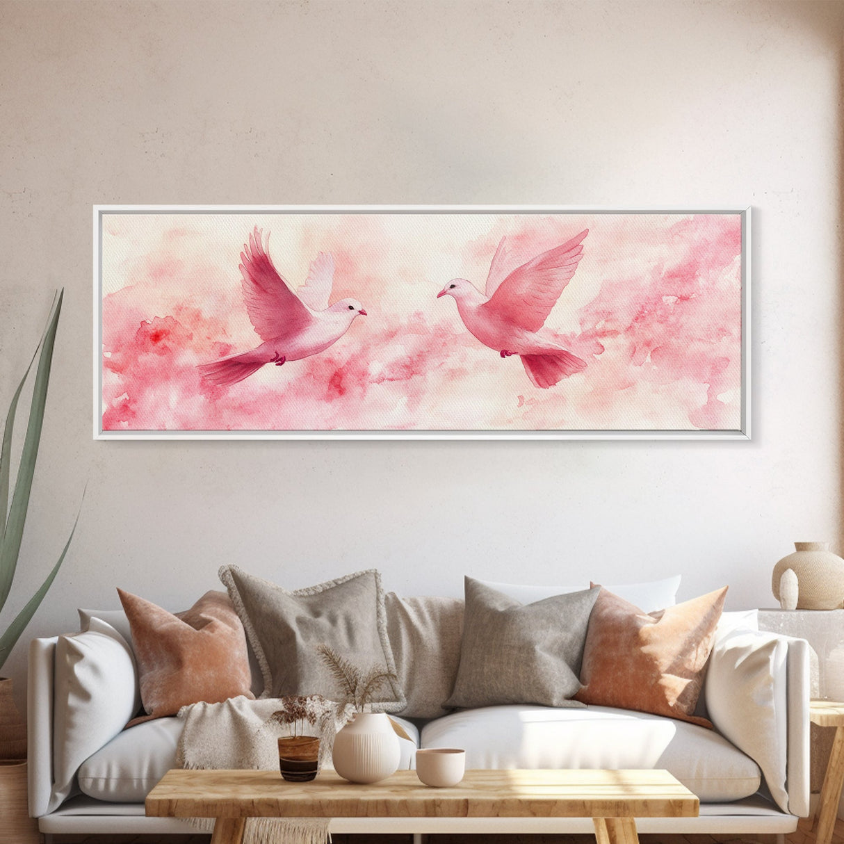 White Doves in Flight Artwork, Framed Canvas Print, Angelic Light Pink Wall Art, Whimsical Bedroom Decor, Feminine Spring Style
