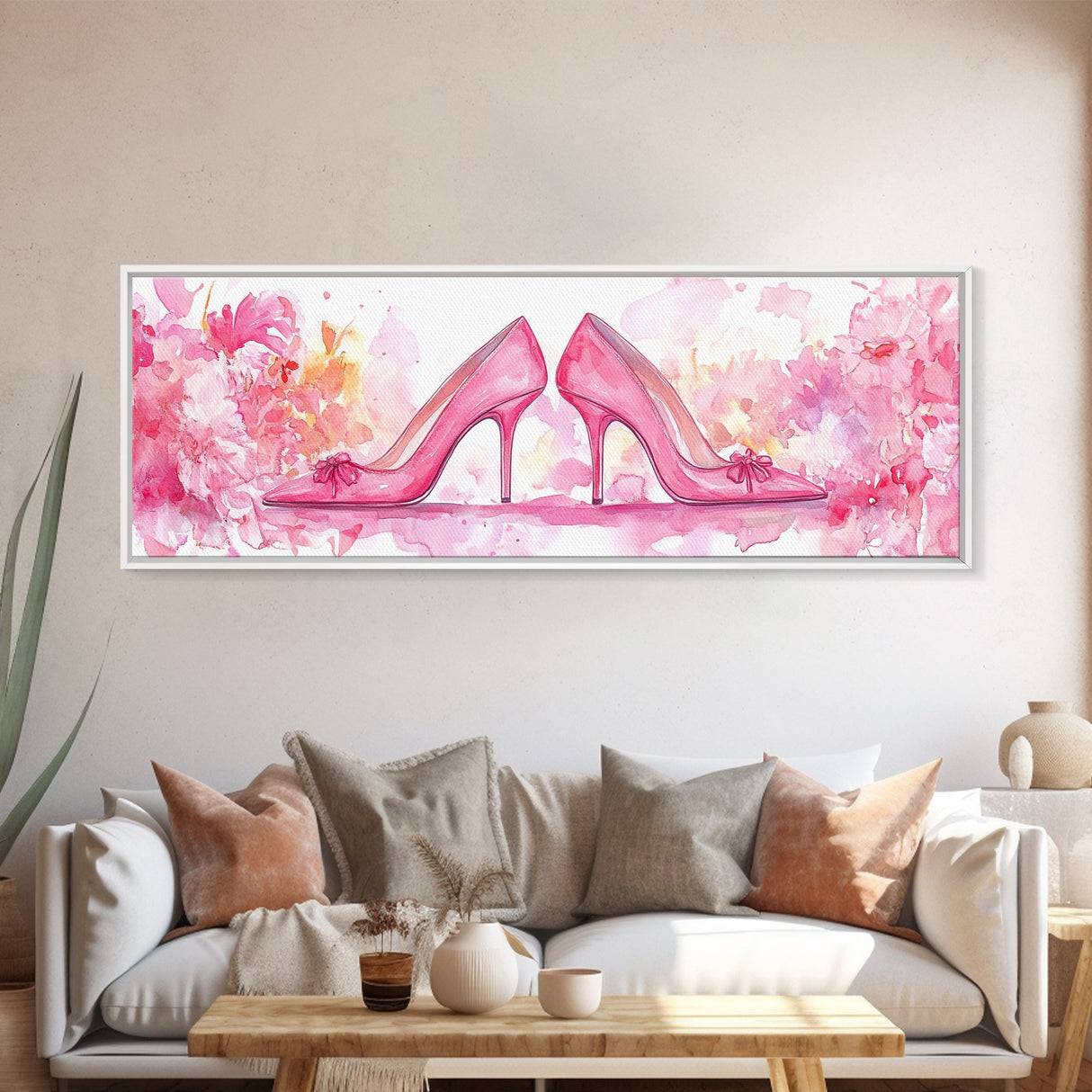 Feminine High Heel Art Framed Canvas Print Pink Wall Art Fashion Inspired Décor Bedroom Living Room Artwork Light Pastel Art Gift