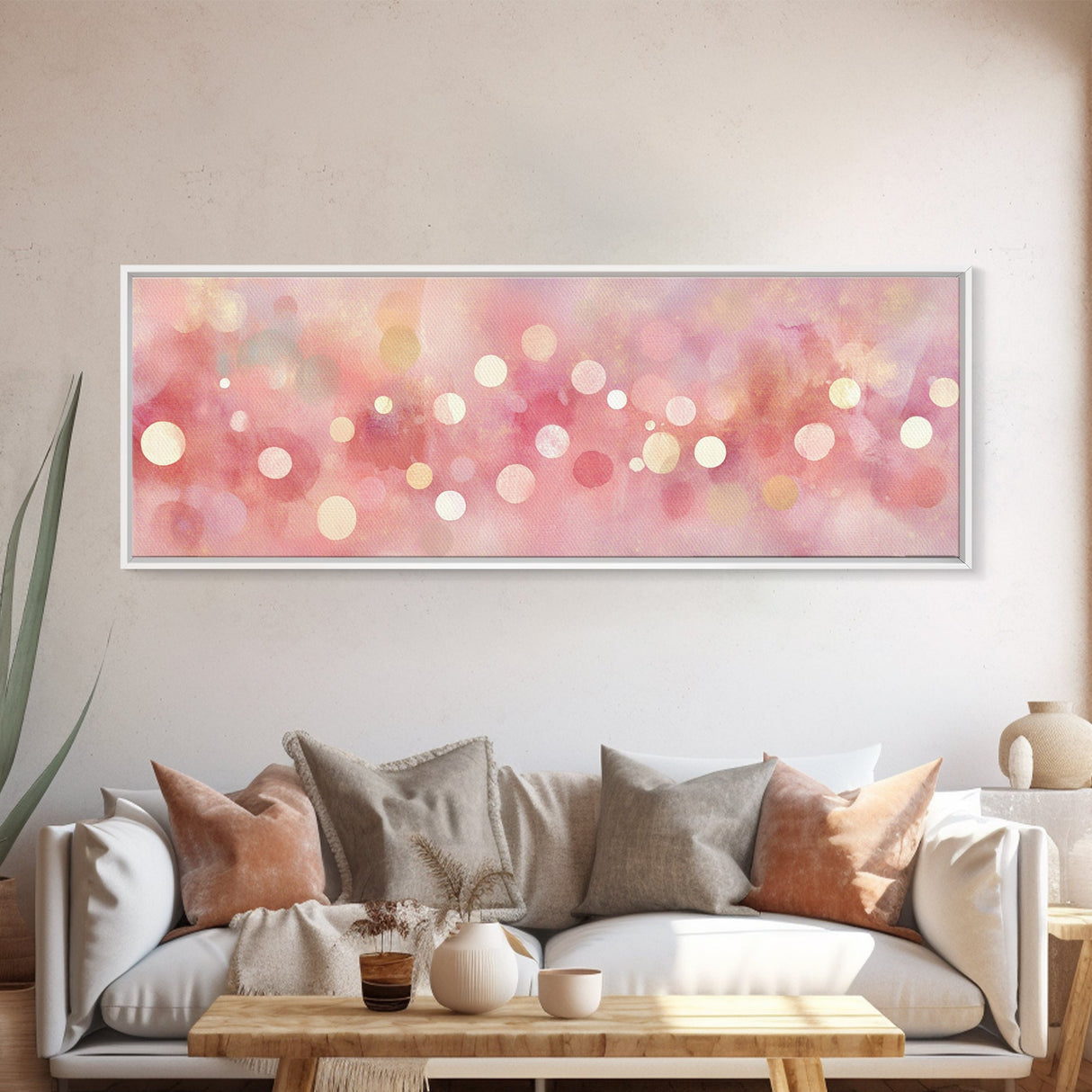 Framed Canvas Print of Light Pink Abstract Art with Geometric Circles Perfect as Dorm Wall Art or Minimalist Bedroom Wall Decor