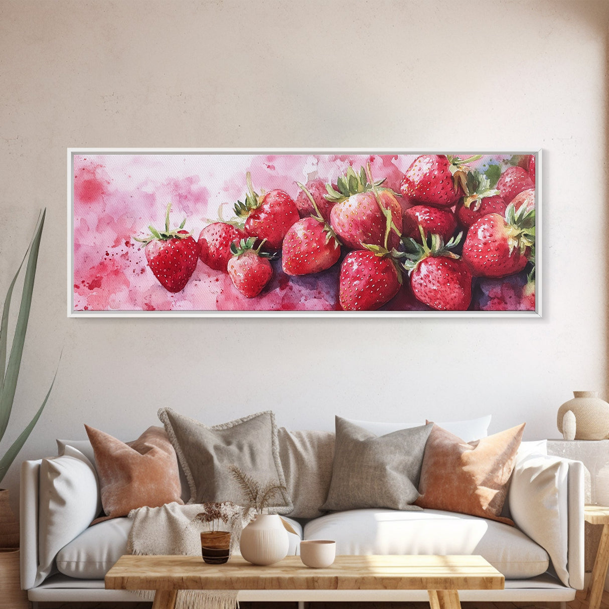 Framed Canvas Print of Bright Strawberry Botanical Prints in Pink for Rustic Kitchen Wall Art or Farmhouse Dining Room Decor