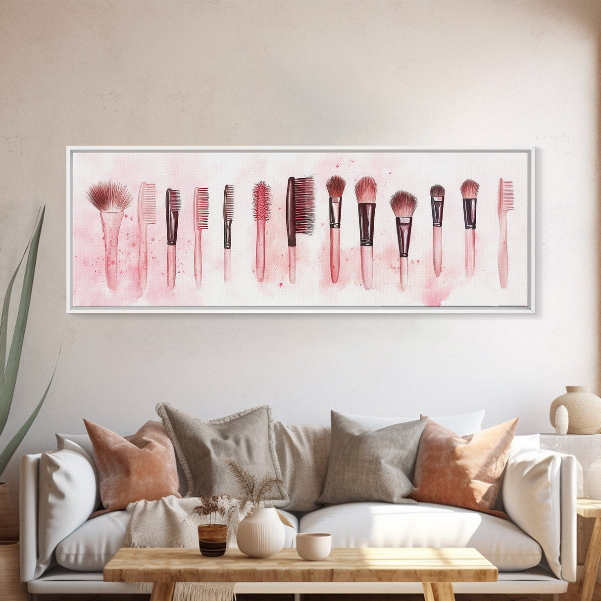 Framed Canvas Print of Makeup Brushes and Combs in Pink Ideal Gift Idea with Whimsical Art for Vanity or Beauty Room Wall Decor