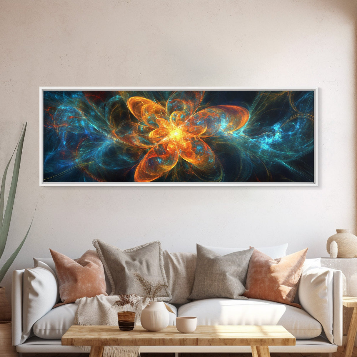 Fiery Blossom Framed Canvas Print Blossom Painting Artwork Nature-Inspired Wall Art Living Room Horizontal Decor