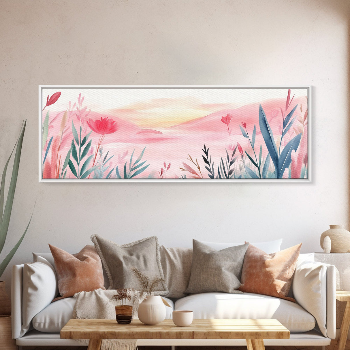 Wildflower Horizon Canvas Print, Light Pink Coastal Landscape Art, Panoramic Wall Art, Above Sofa Decor, Nature-Inspired Artwork