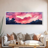Forest Sunset Framed Canvas Print, Moody Evening Sky Painting, Smoky Mountain Landscape Art, Living Room or Bedroom Wall Decor