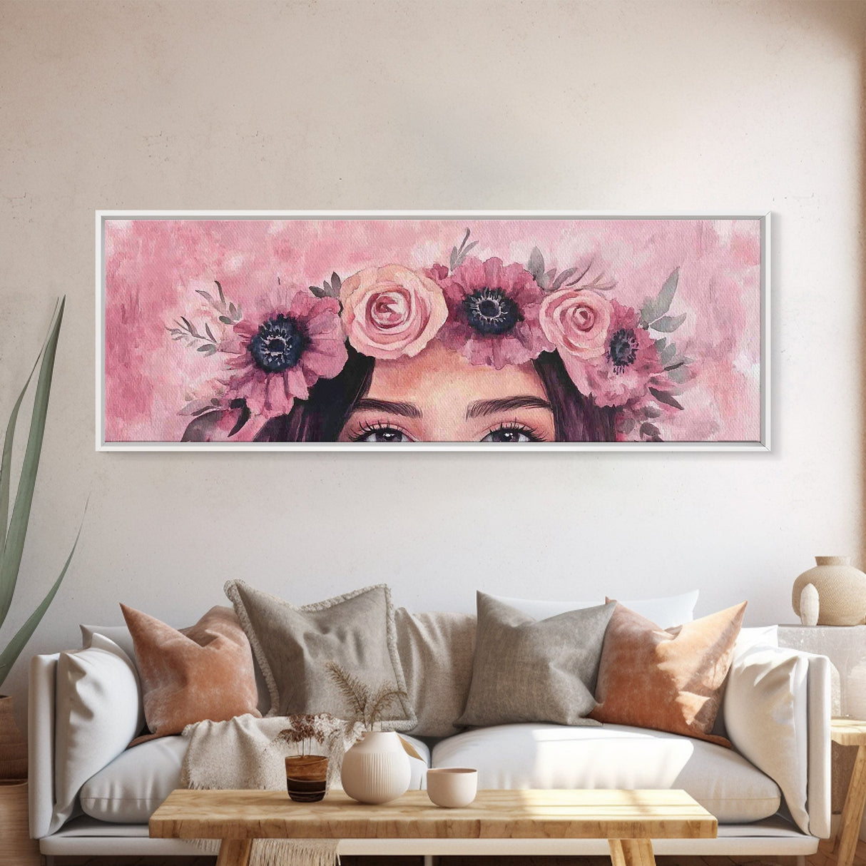 Floral Crown Canvas Print Pink Rose Painting Goddess Art Print Feminine Wall Art Botanical Artwork Whimsical Framed Bedroom Art