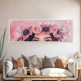 Floral Crown Canvas Print Pink Rose Painting Goddess Art Print Feminine Wall Art Botanical Artwork Whimsical Framed Bedroom Art