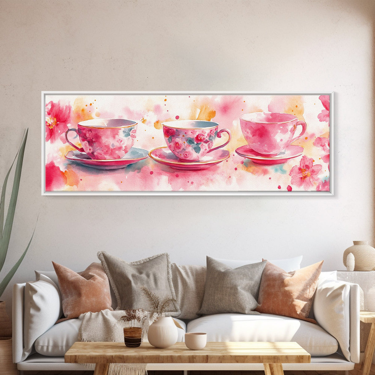 Pink Teacup Canvas Print Feminine Whimsical Kitchen Art Horizontal Pink Artwork Vintage Rustic Wall Art Living Room Framed Art