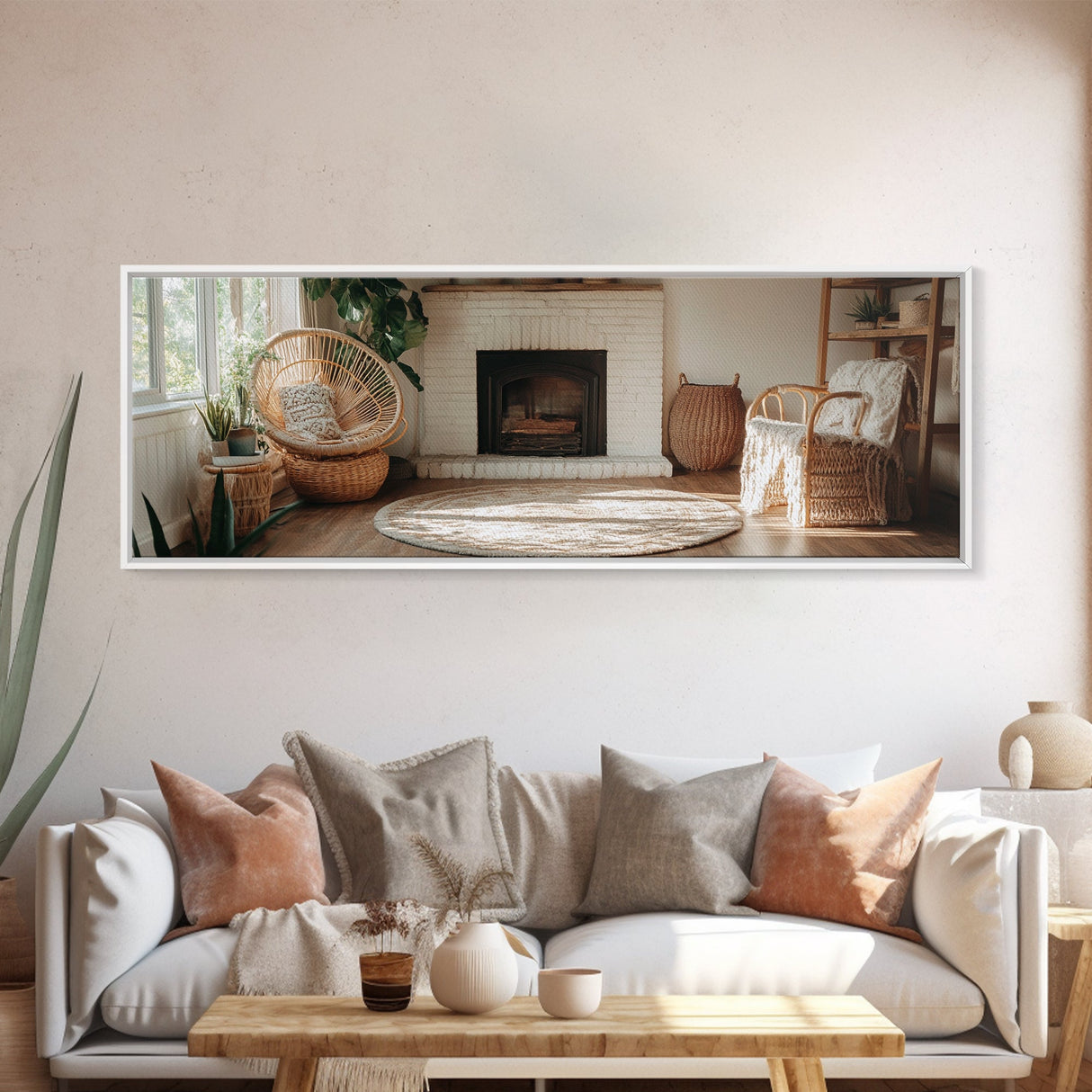 Framed Canvas Print Cozy Farmhouse Art Rustic Decor Wicker Charm Living Room Above Sofa Wall Art Warm Tones Gift Idea
