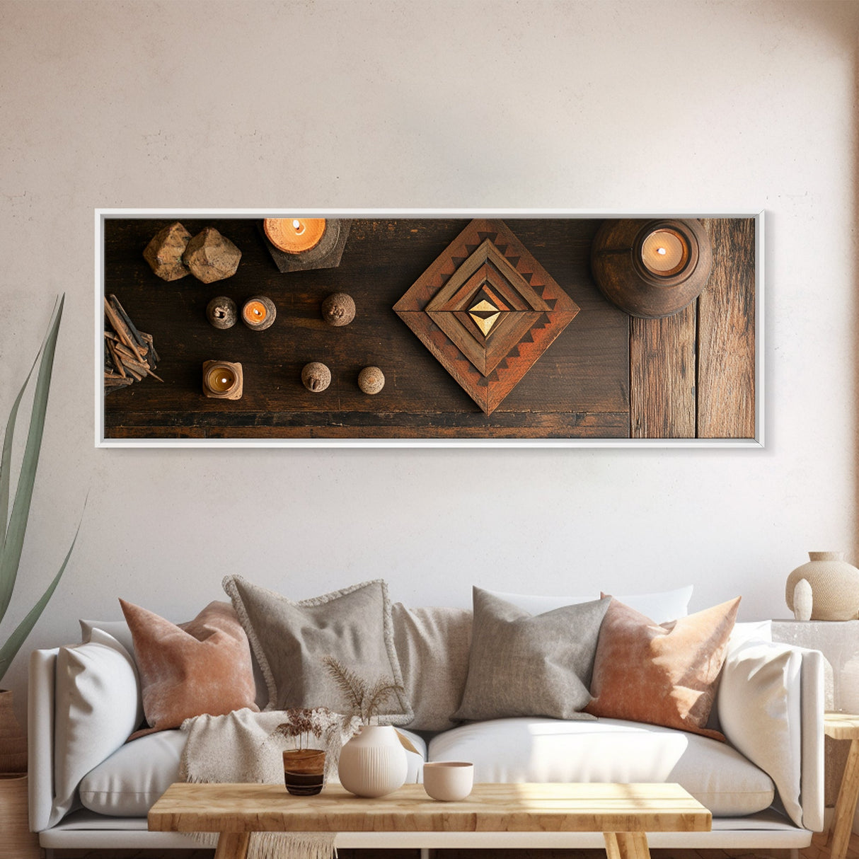 Wabi Sabi Framed Canvas Print Wooden Geometric Art Sacred Geometry Modern Rustic Decor Living Room Unique Gift Idea