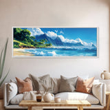 Tropical Paradise Beach Framed Canvas Print - Panoramic Hawaii Coastal Painting, Nautical Wall Art, Ocean View Living Room Wall Decor