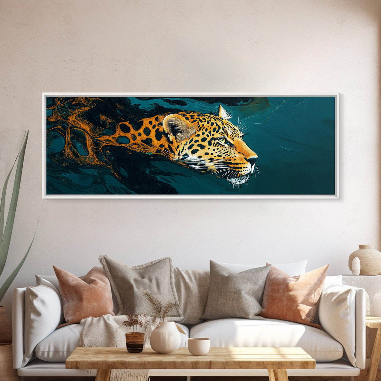 Leopard In Motion Framed Canvas Print - Abstract Jungle Painting, Teal And Orange Wildcat Art, Modern Safari Wall Decor, Bedroom Accent