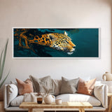 Leopard In Motion Framed Canvas Print - Abstract Jungle Painting, Teal And Orange Wildcat Art, Modern Safari Wall Decor, Bedroom Accent
