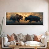 Intense Bull and Bear Framed Canvas Print - Moody Wildlife Painting, Rustic Wall Art, Industrial Style Living Room Decor, Gift Idea