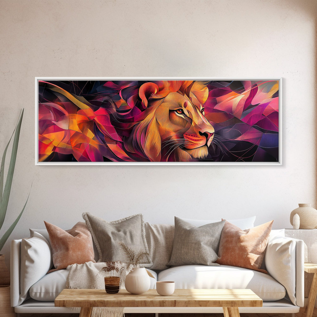 Majestic Lion Glow Framed Canvas Print, Vibrant Wall Art, Rustic Painting, Bedroom Decor, Gift Idea, Above Couch Art, Living Room Art