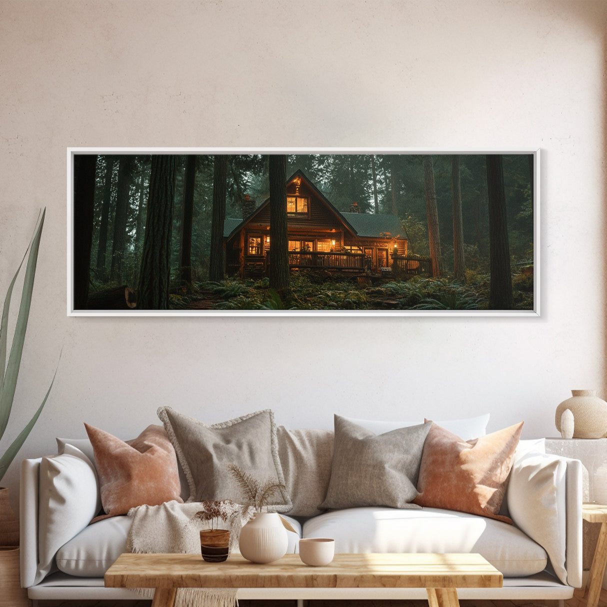 Warm Forest Cabin Framed Canvas Print, Rustic Decor Wall Art, Cozy Woodland Scene Painting, Moody Autumn Landscape, Living Room Art Piece