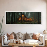Warm Forest Cabin Framed Canvas Print, Rustic Decor Wall Art, Cozy Woodland Scene Painting, Moody Autumn Landscape, Living Room Art Piece