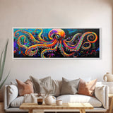 Octopus Art Canvas Print with Bright Neon Colors, Whimsical Art, Coastal Decor, Nautical Wall Art, Tall Skinny Art, Above Bed Wall Art
