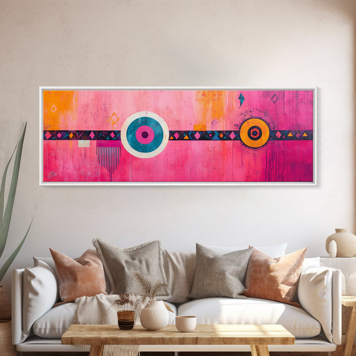 Pink Geometric Abstract Canvas Print Modern Wall Art Whimsical Boho Design Minimalist Art Long Narrow Extra Wide Statement Piece