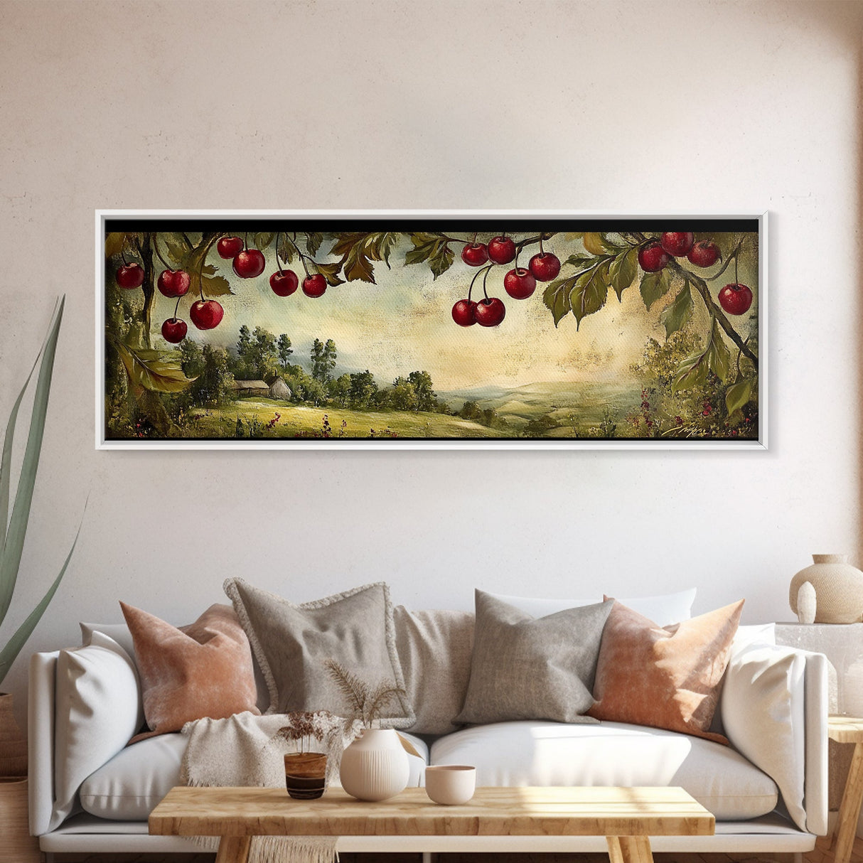 Framed Canvas Print Cherries Wall Art Panoramic Rustic Decor Living Room Horizontal Landscape Art Farmhouse Gift Idea Painting