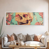 Skull Art with Wildflower Motif Framed Canvas Print, Botanical and Whimsical Wall Art Gift Idea, Rustic and Moody Decor Living Room Art