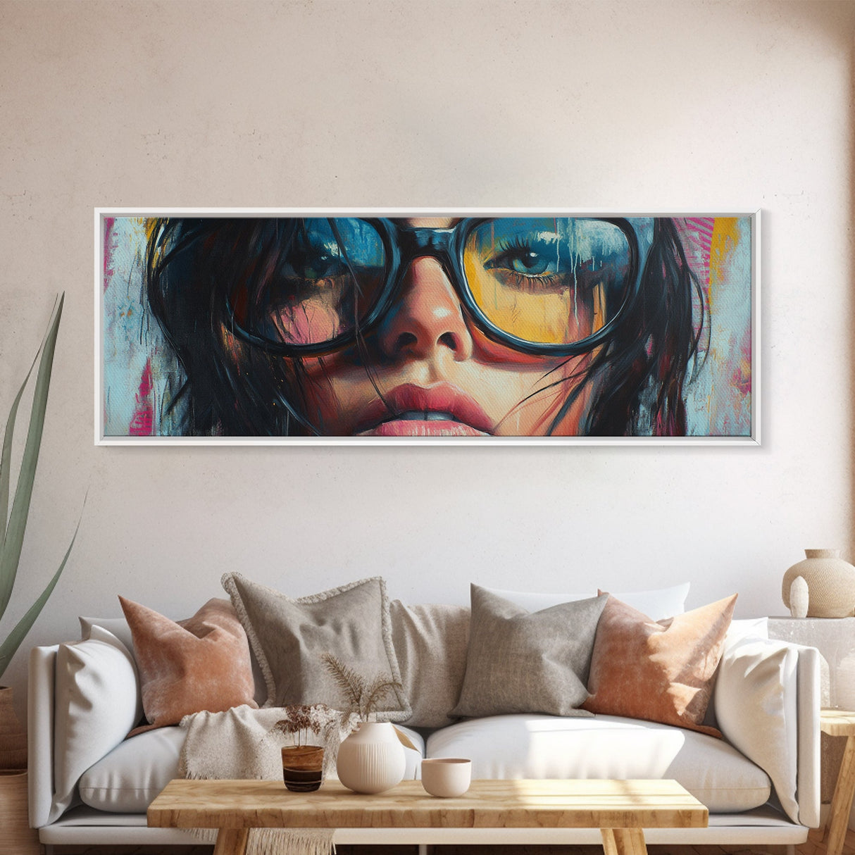 Stylish Woman Portrait Canvas Print, Boho Whimsical Art Modern Decor, Gift Idea Living Room Pop Art Vibrant Expression Artwork