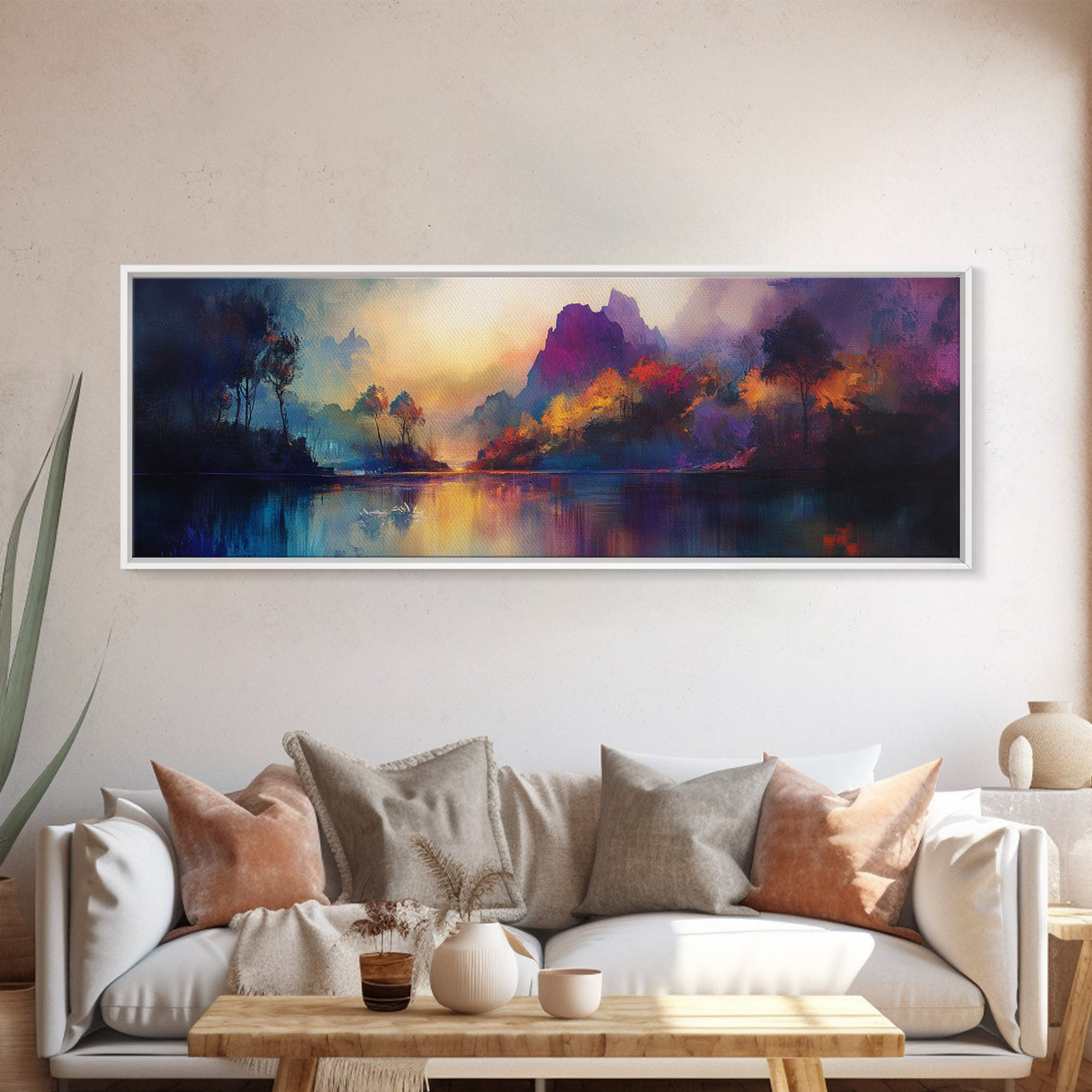 Dreamy Canvas Print Fall Landscape Art Mountain Mist Moody Panoramic Rustic Above Couch Extra Wide Wall Art Bedroom Decor