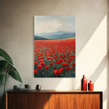 Scenic Poppy Field Framed Canvas Print, Rustic Landscape Painting, Bedroom Art, Farmhouse Wall Decor, Extra Wide Rustic Art