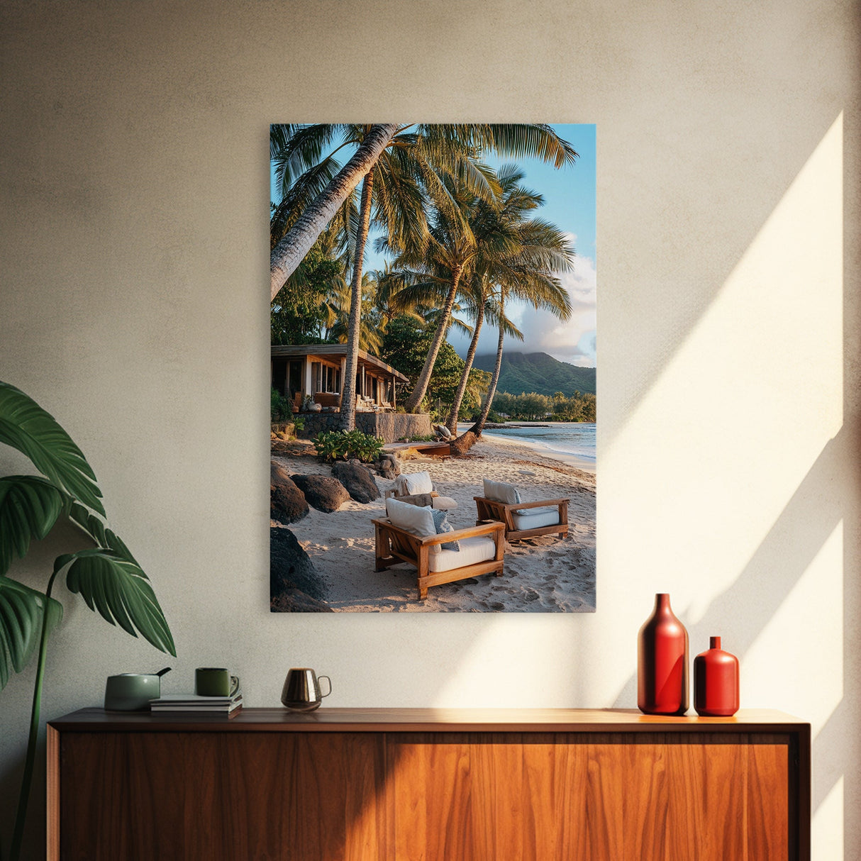 Vibrant Palm Tree Beach Framed Canvas Print – Coastal Decor Wall Art, Hawaiian Landscape Painting, Tropical Nautical Wall Art