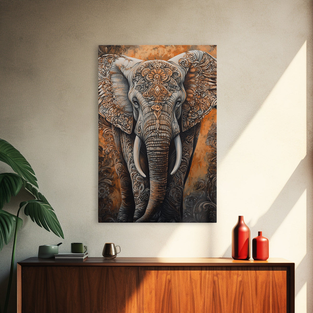 Indian Elephant Art Framed Canvas Print – Kerala Mural Painting, Sacred Geometry Decor, Ganesh Wall Art, Rustic Boho Living Room Art
