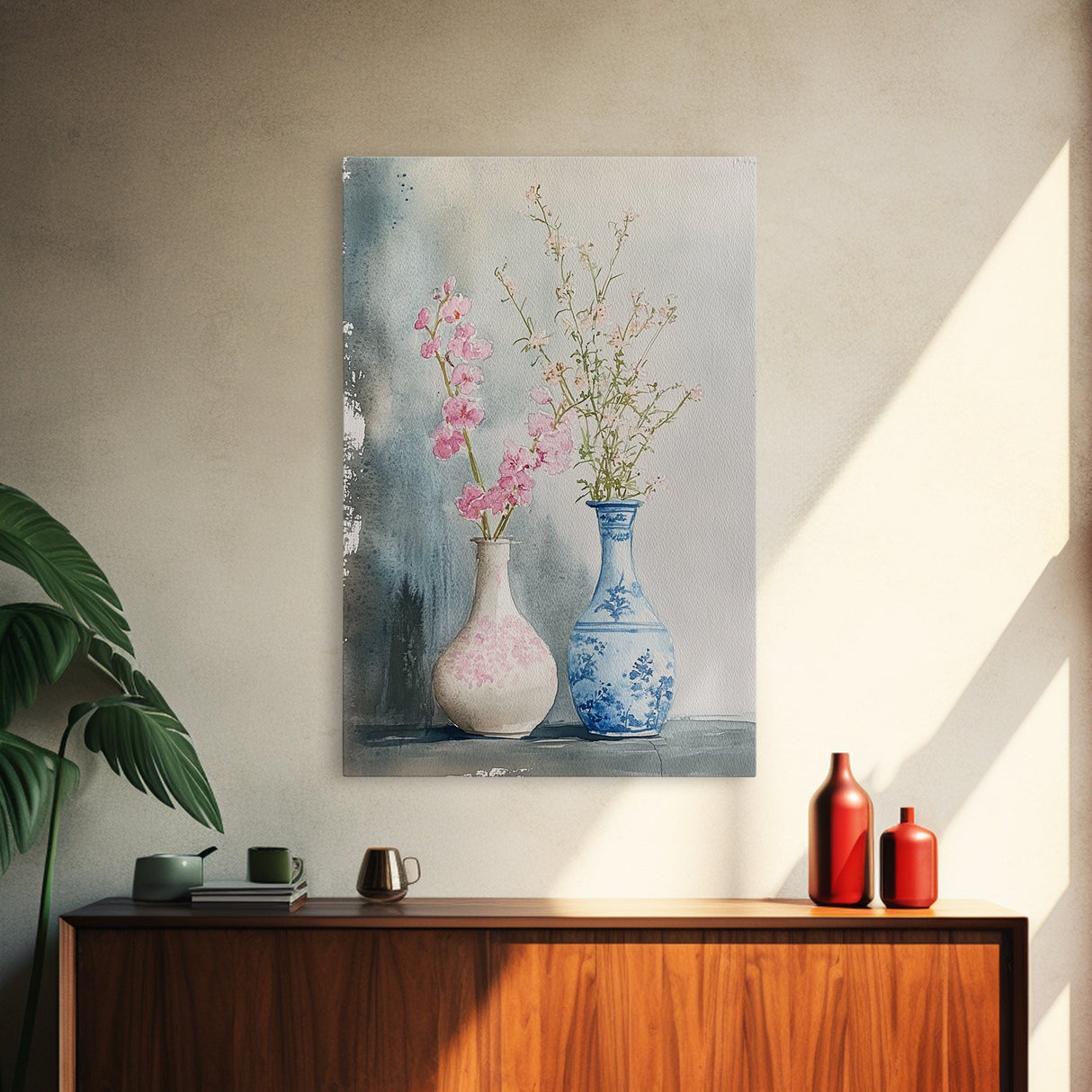 Delicate Vases Framed Canvas Print Wildflower Painting Botanical Prints Minimalist Art Light Pink Wall Art Rustic Decor Gift Idea