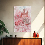 Elegant watercolor crowns and roses painting, framed canvas print, rose painting, goddess art print, chic pink wall art for living room